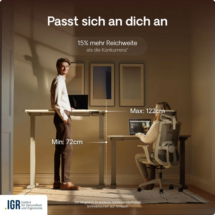 Desktronic HomeOne Elektrisch höhenverstellbarer Schreibtisch 120x60cm Grau/Weiß mit Memory-Funktion, Anti-Kollisions Technologie, USB-A und USB-C-Ladeanschlüssen – Bild 7