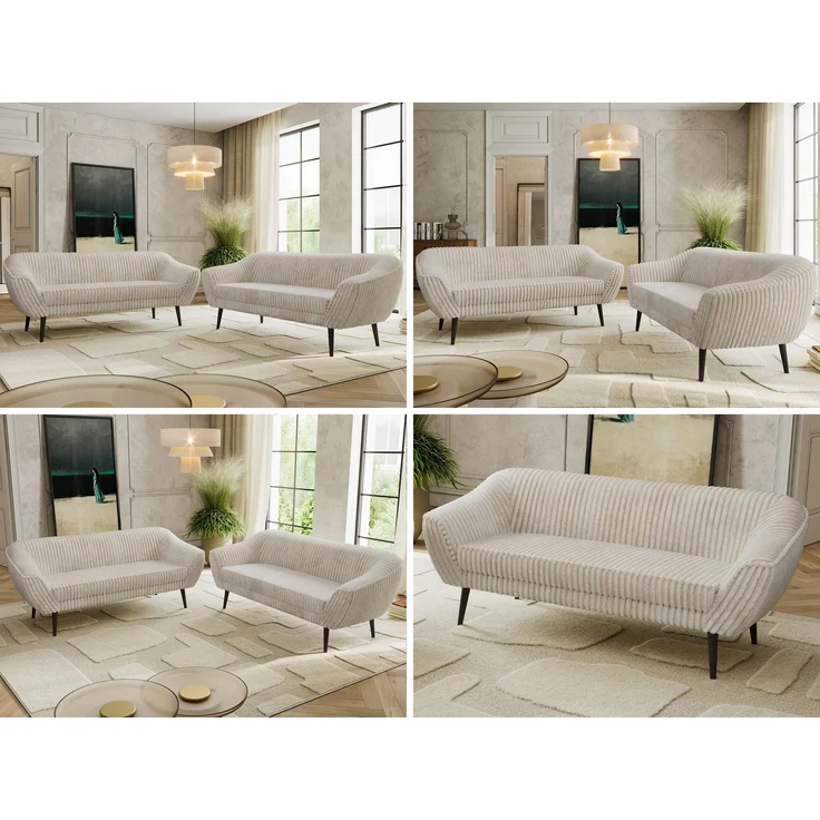 Wohnzimmerset Möbelset PIRS 3-3, Armlehnen, Wellenfederung, schwarze Füße, Dreisitzer Sofa, Polstermöbel Set - Hellgrau Velvet – Bild 2