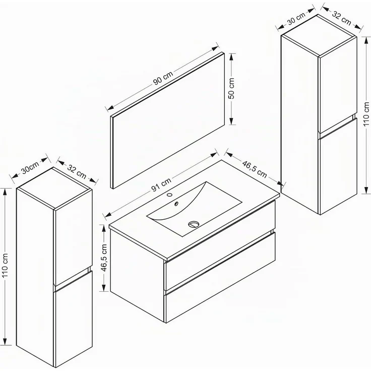 Homeline Badmöbel Set mit Schubladen Glas ablage (Dennis Weiss, 90 cm 2X Hochschrank) – Bild 5