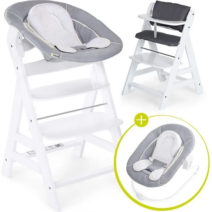 Hauck Hochstuhl Alpha Plus White - Newborn Set (Set, 4 St), Holz Babystuhl ab Geburt inkl. Aufsatz für Neugeborene & Sitzauflage
