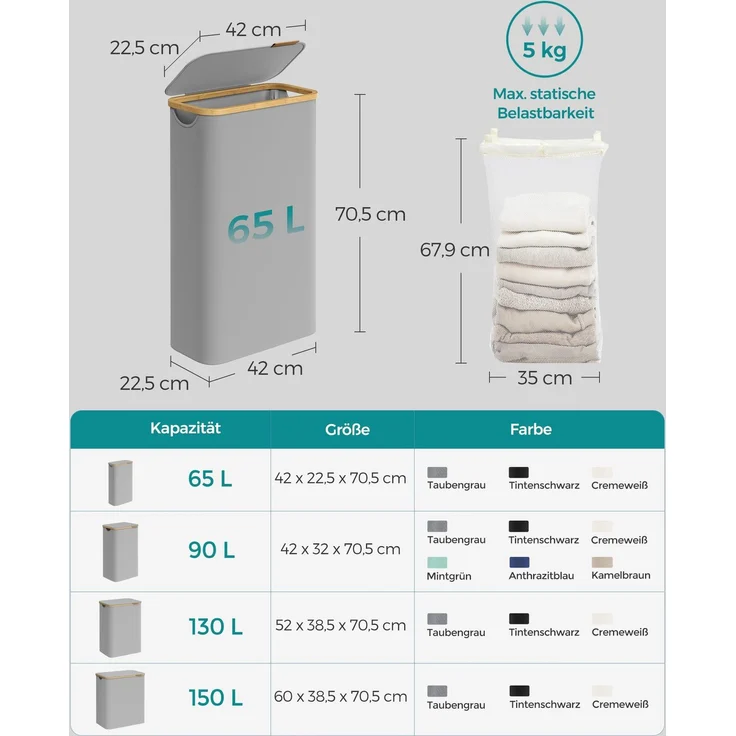 SONGMICS Wäschekorb mit Deckel und herausnehmbarem Wäschesack, zusammenklappbar, Bambus / Oxford-Gewebe taubengrau, 65 l – Bild 5