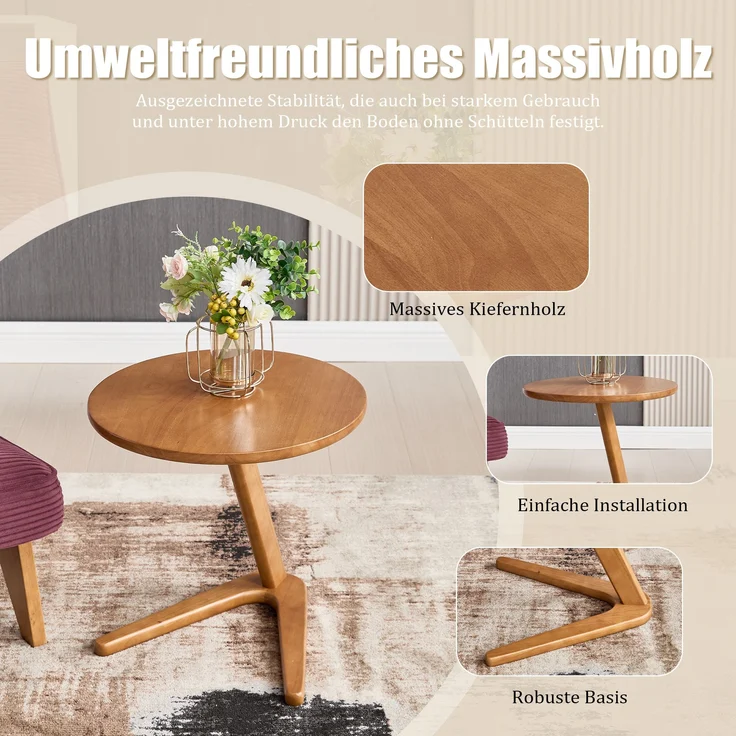 LVHOM Couchtisch rund, Beistelltisch aus Massivholz, Wohnzimmertisch Ø50 cm, Natur – Bild 4