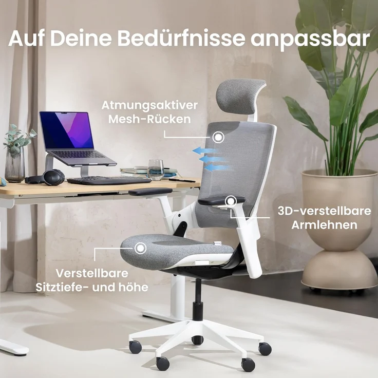 Ergotopia 'NextBack' ergonomischer Bürostuhl mit integrierter Lordosenstütze, 3D Armlehnen & verstellbarer Kopfstütze, Grau / Weiß – Bild 7