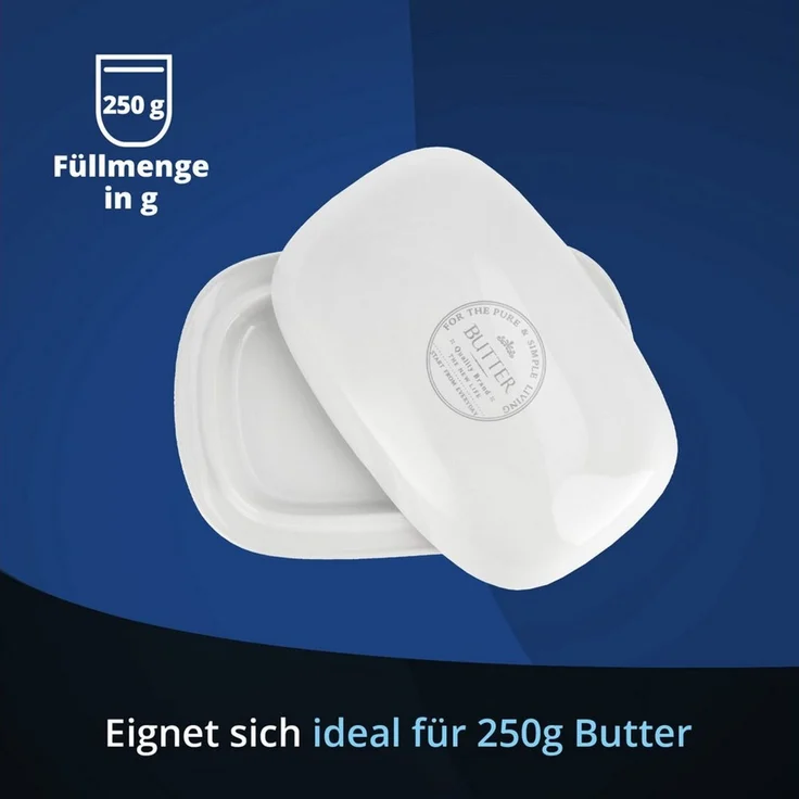 KHG Butterdose Keramik Steingut Weiß mit Beschriftung für 250g Butter, Aufbewahrung Butterbehälter, Deckel opak, Butterbox rechteckig & glasiert mit Emaille, spülmaschinengeeignet – Bild 3