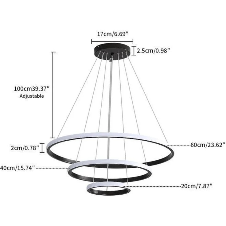 DELIPOP – 75W LED – Pendelleuchte – 3 Ringe, modernes rundes Design, Schwarz – 3000K/4500K/6500K – Wohnzimmer, Schlafzimmer, Esszimmer – Ø 20+40+60 cm – 60x60x150cm – Bild 4