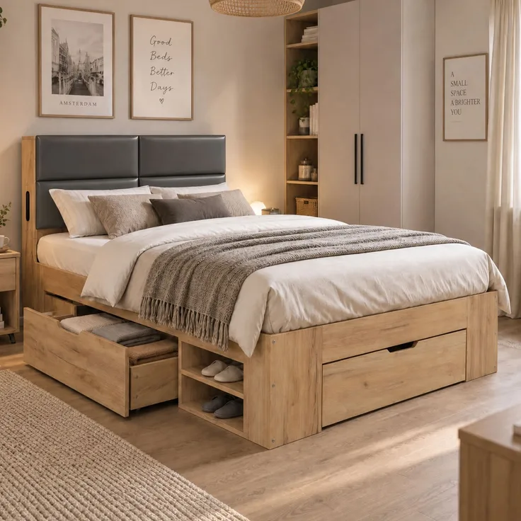 Stauraumbett mit Schubladen, Liegefläche 90×200 cm, Nachtlicht und USB, Natur, ohne Matratze