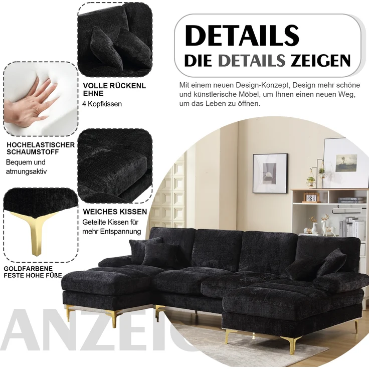 LVHOM Loungesofa 272x136x88 cm, 4-6 Personen, 6-Sitzer Chenille U-Shape Sektionssofa/Modulares Sofaset/Schlafsofa/Ecksofa/Relaxliege – Bild 5