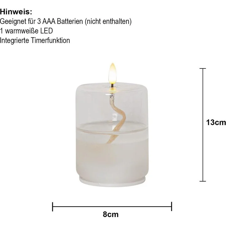LED Kerze ,Flamme Float' im Glas, Ölkerzen-Optik, Gelkerze mit Docht, transparent, Flacker-Effekt, H 13cm, Ø 8cm – Bild 4