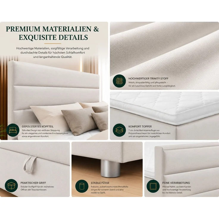 Best for Home Boxspringbett Trinity K-1 LUX – Modern Boxspringbett mit Stauraum & Komfort (Boxspringbett-Set, 1-St, Komplettes Boxspringbett-Set inklusive Matratze und Topper), Ergonomischer Schlafkomfort, großer Stauraum – Bild 4