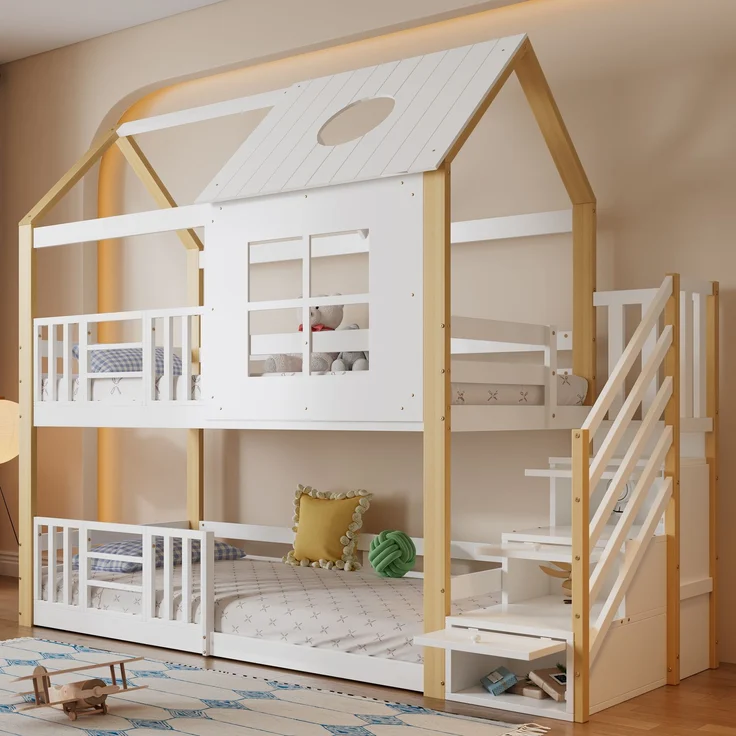 Etagenbett / Hausbett 90 × 200 cm – mit seitlicher Aufbewahrungstreppe, Dach mit Rundöffnung & Fenster, Weiß&Natur – Bild 3