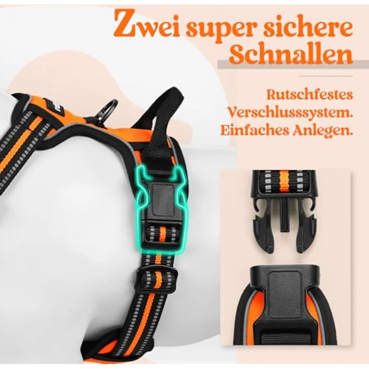 rabbitgoo Hundegeschirr Mittelgroße Hunde Anti Zug mit Griff, S, Orange | No Pull & Individuell Anpassbar, Atmungsaktiv Gepolstert, 2 D-Ringe, Schnellverschlüsse, Reflektierend für Gassi & Training – Bild 4