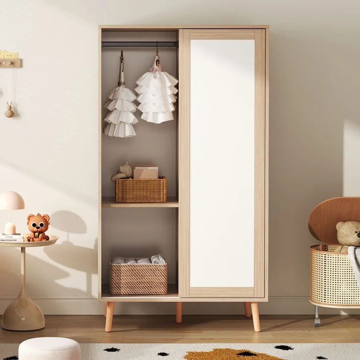 Kleiderschrank mit doppelten Schiebetüren, Kleiderstange, Ablageflächen, abriebfester Oberfläche, feuchtigkeitsbeständig – Bild 4