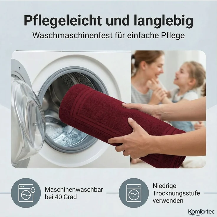 Komfortec Badvorleger Set 2 Teilig, Frottee Duschvorleger, Waschbar Duschmatte & Badteppich, 600 g/m² &100% Baumwolle, Saugfähig & Schnelltrocknend, 50x70 cm, Aurorarot – Bild 3