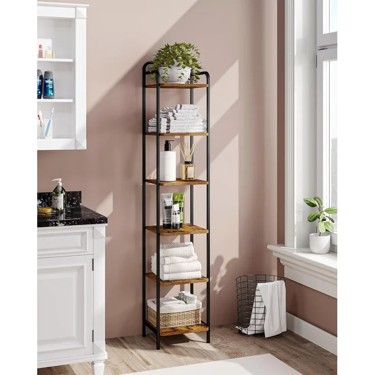 Bücherregal, Regal, Standregal, Schmales Bücherregal, Industrielles Eckregal, Schlankes Regal für Heimbüro, Wohnzimmer, Schlafzimmer, Küche, 6 Ebenen Vintagebraun-Schwarz