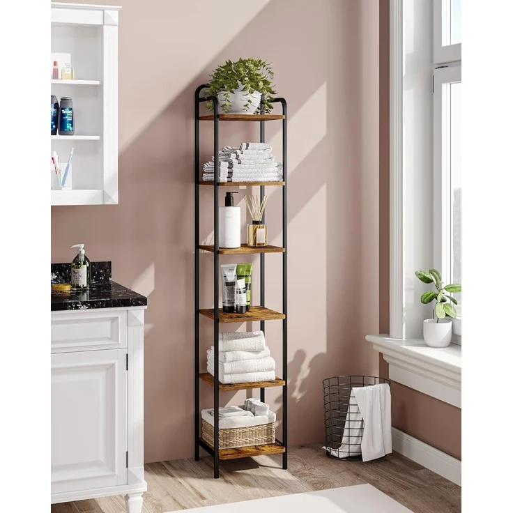 Bücherregal, Regal, Standregal, Schmales Bücherregal, Industrielles Eckregal, Schlankes Regal für Heimbüro, Wohnzimmer, Schlafzimmer, Küche, 6 Ebenen Vintagebraun-Schwarz – Bild 1