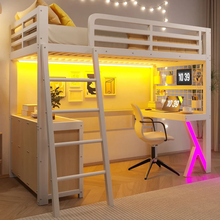 Merax Hochbett, 90 x 200 cm, Kinderbett, Einzelbett mit Tisch, LED - Lichtleiste, Aufbewahrungsschrank, Ohne Matratze, Weiß – Bild 1