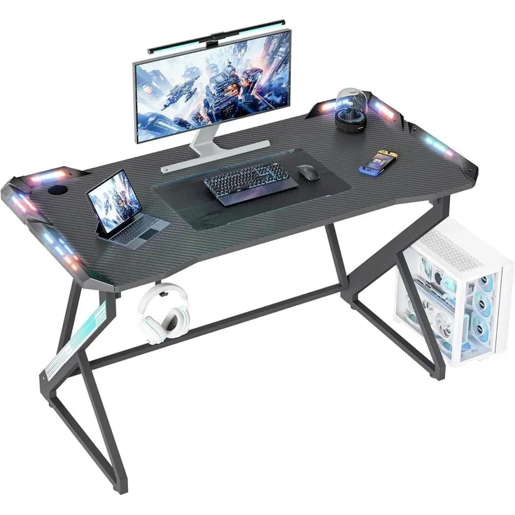 Gaming Schreibtisch LED 100x60 cm Z Rahmen Kohlefaseroberfläche RGB Beleuchtung