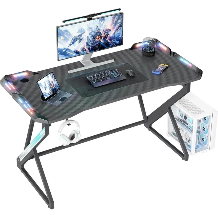 Gaming Schreibtisch LED 100x60 cm Z Rahmen Kohlefaseroberfläche RGB Beleuchtung