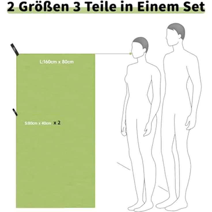 Pameil Mikrofaser Handtuch 3er Set, schnelltrocknend und super saugfähig, 1 großes Badetuch 160x80cm + 2 kleine Handtücher 80x40cm, ideal für Fitness und Sauna, grün – Bild 2