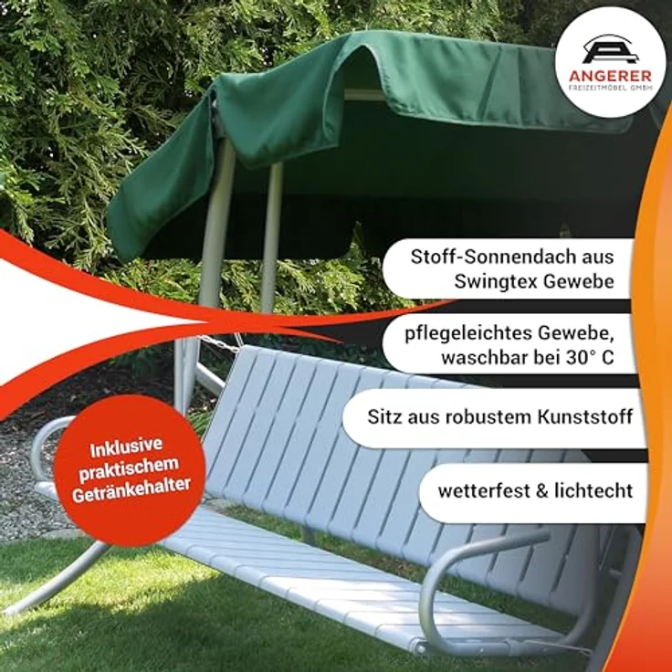 Angerer Freizeitmöbel GmbH Hollywoodschaukel Comfort - Gartenschaukel Made in Germany - Schaukel zum Sitzen, Liegen und Entspannen - inklusive Bett-Funktion - einfache Montage (Grün-Orange geblümt) – Bild 6