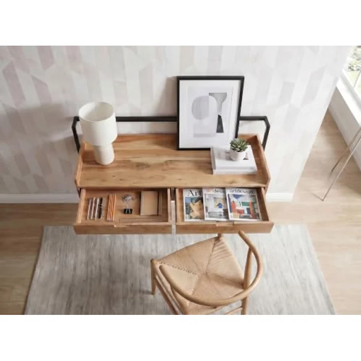 FINEBUY Wandschreibtisch FB117748, 120cm Schwebend aus massiver Akazie, braun, mit 2 Schubladen und robustem Metallrahmen – Bild 6