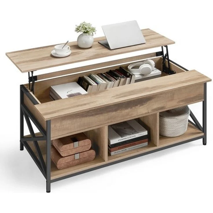 Vasagle Couchtisch, höhenverstellbarer Wohnzimmertisch, Kaffeetisch, offener und versteckter Stauraum, X-Streben, 60x120 x (48-62) cm,kamelbraun-schwarz – Bild 1