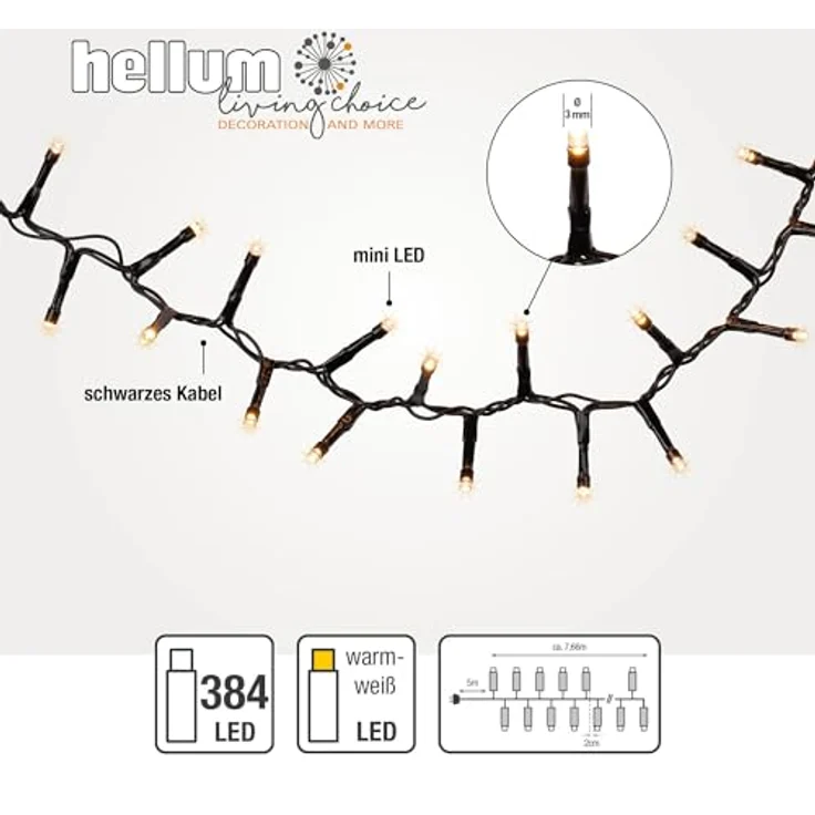 hellum Lichterkette außen, warmweiß LED Lichterkette mit Strom, outdoor 7,66m beleuchtet, 384 LED außen, Außenlichterkette Cluster/Snake Design – Bild 3