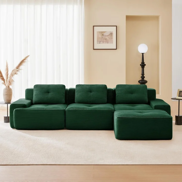 3 Sitzer Sofa modular Ecksofa Cord Grün 3-Sitzer-Sofa + 1 Hockern – Bild 4