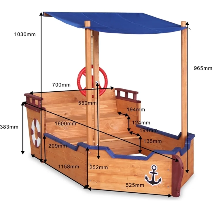 Home Deluxe 'Boot' Sandkasten inkl. Sonnenschutz und Bodenplane, Holz natur / blau, 103 x 78 x 160 cm – Bild 11