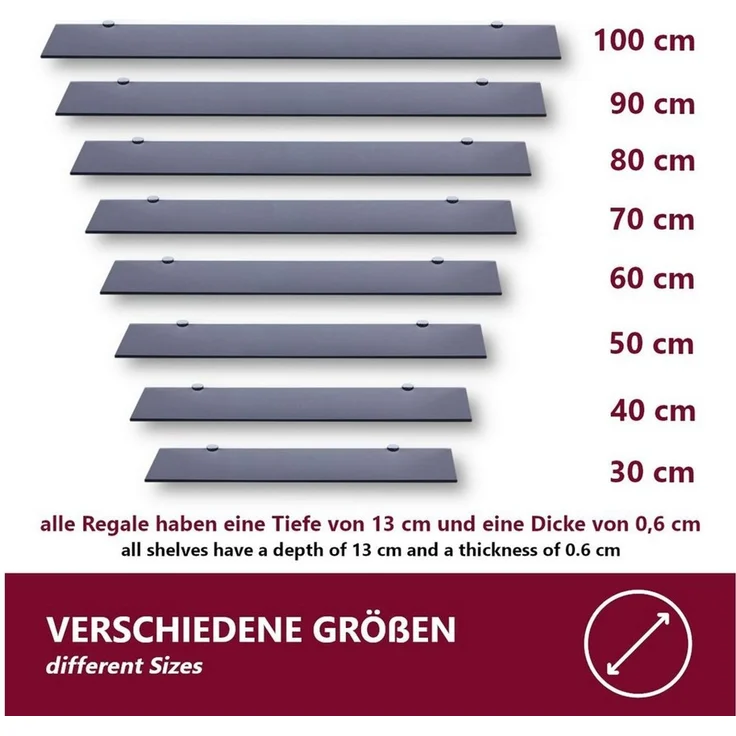 Euro Tische Glas Wandregal 30cm Schwarzglas - Badezimmer Regal aus Glas - 30-100 cm 6mm Glasscheibe aus ESG Sicherheitsglas - Wandboard schwarz an Metallhaltern Montiert – Bild 1