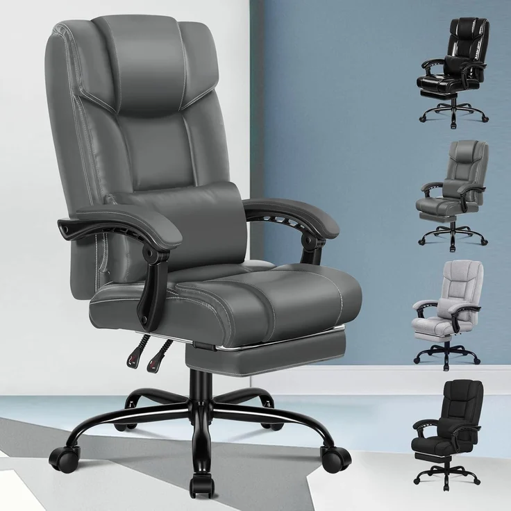 Ergonomischer Bürostuhl mit Fußstütze und hoher Rückenlehne PU-Leder Grau – Bild 1