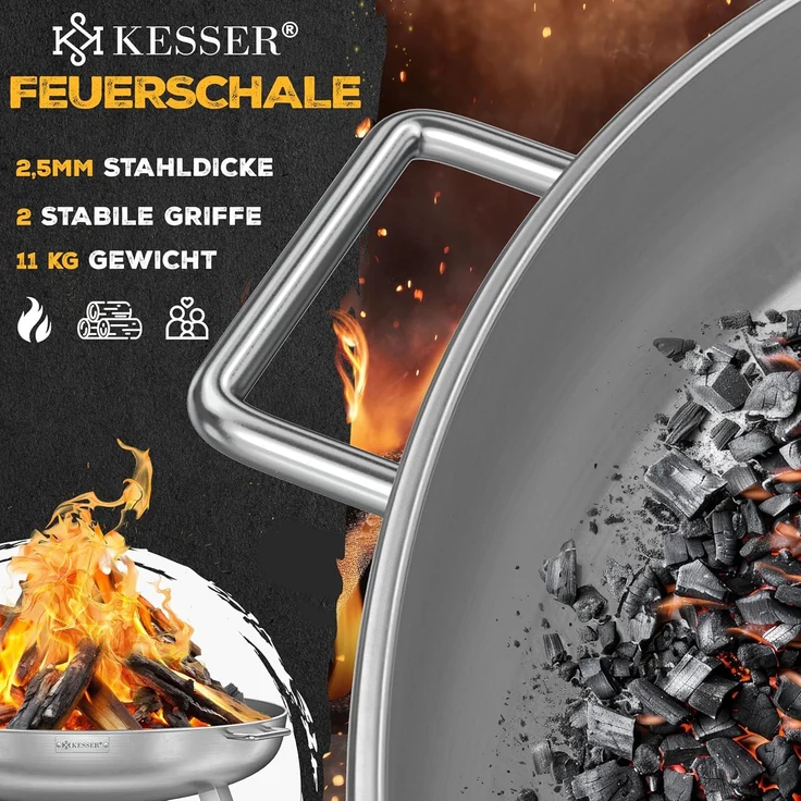 KESSER® Feuerschale mit 2,5 mm Stahldicke Feuerkorb aus Edelstahl / Stahl inklusive 42cm Feuerhaken aus Gusseisen, Wasserablauf & 2 stabile Griffe für Holz & Kohle Feuerstelle für Garten & Terrasse Ø 80 cm, Edelstahl – Bild 2