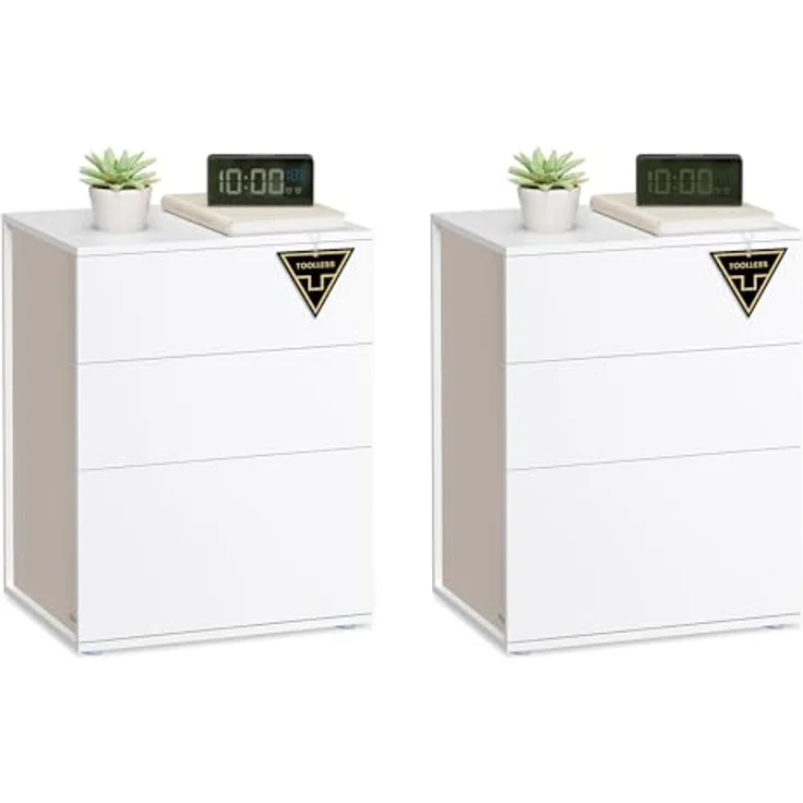 VASAGLE Nachttisch, 2er Set, Beistelltisch 3 Schubladen, Superschnelle werkzeuglose Montage, Nachtschrank, Schlafzimmer, Wohnzimmer, Toolless-Technologie, mattweiß-cappuccinobeige LET779W01 – Bild 9