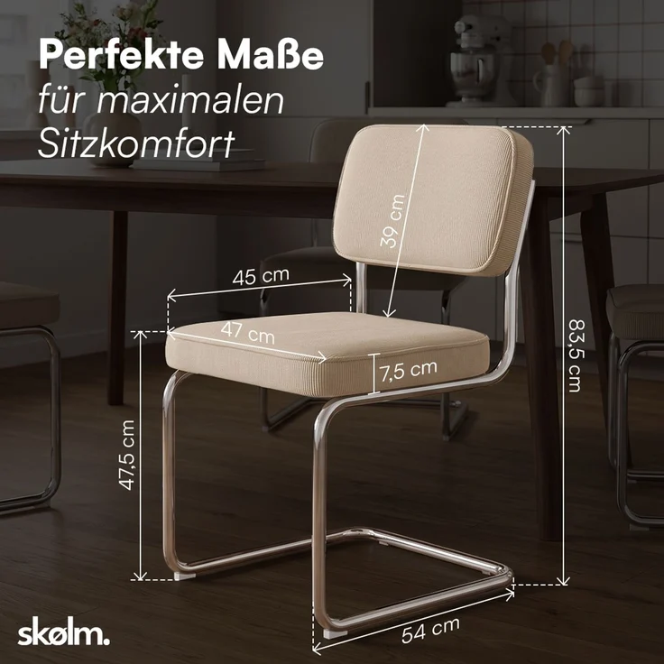 skølm 'Thund' Esszimmerstühle 4er Set, beige, Polsterstuhl aus Cord mit verchromten Metallgestell, Schwingstuhl bis 120 kg belastbar – Bild 9
