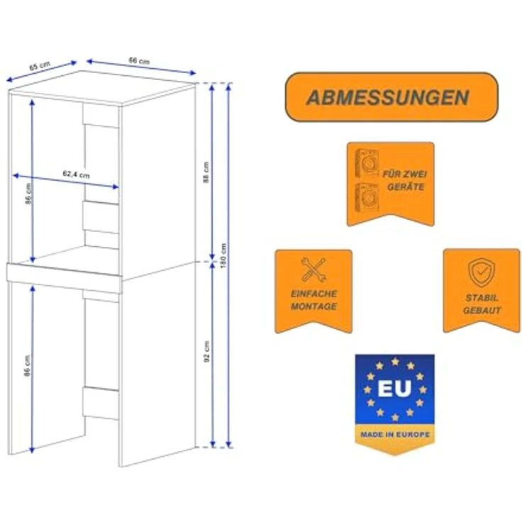 CraftPAK Waschmaschinenumbauschrank Waschmaschinenschrank für Waschmaschine & Wäschetrockner (B 66cm x H 180cm x T 65 cm/ T 51,2 cm) Umbauschrank für Bad, in zwei verschiedenen Tiefengrößen – Bild 3