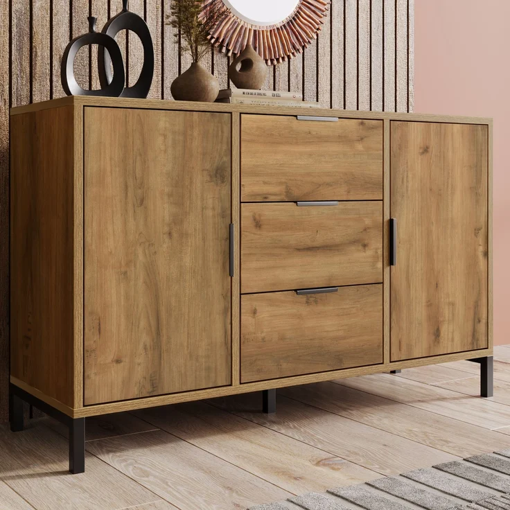 Türkommode mit 3 Schubladen in dunkler Eiche, Sideboard Industrial Design, Aufbewahrungsschrank mit höhenverstellbarem Fachboden – Bild 4