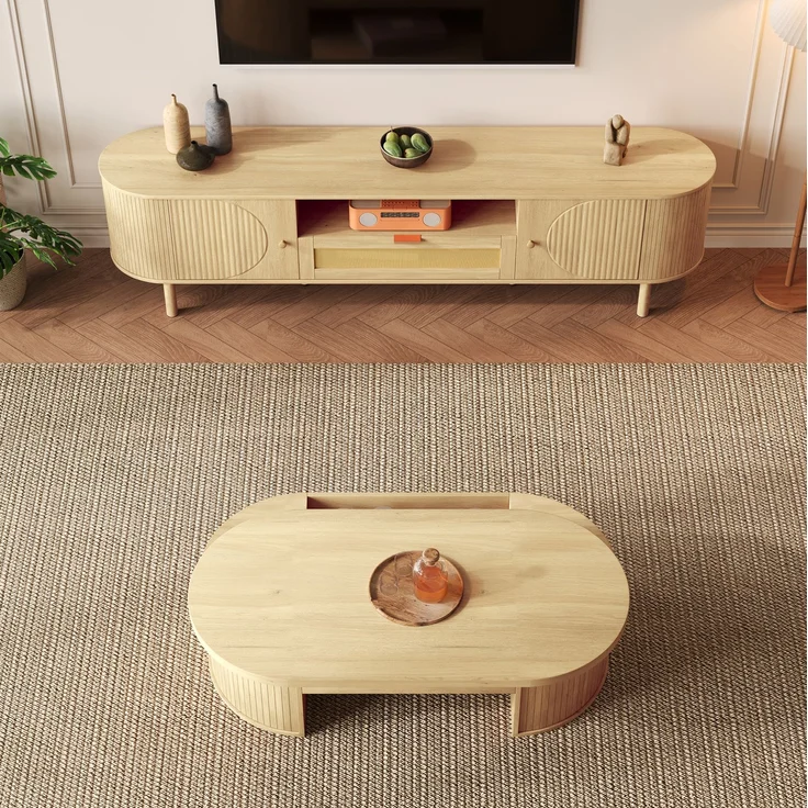 DESVIAE Couchtisch-Set 2-tlg. höhenverstellbar mit TV-Schrank 110x40x55,5 cm / 175x41x36 cm MDF Natur – Bild 3
