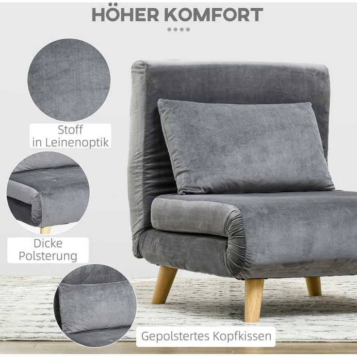 HOMCOM 3 in 1 Schlafsessel, Schlafsofa mit Bettfunktion, Lendenkissen, klappbarer Relaxsessel mit Verstellbarer Rückenlehne Liegestuhl in Samtoptik, für Wohnzimmer, Grau – Bild 3