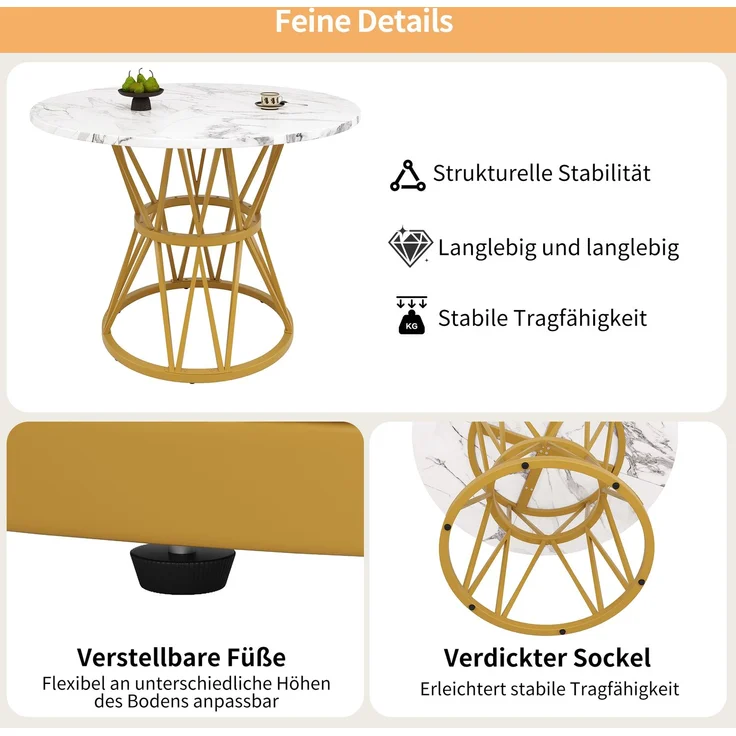 Runder Esstisch Ø100 cm mit 4 Samtstühlen – 5-tlg. Essgruppe mit Marmormuster Tischplatte & Metallgestell – Bild 5
