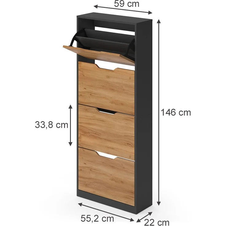 Schuhkipper Luca Anthrazit/Goldkraft Eiche 59 x 146 cm mit 4 Kippfächern Vicco – Bild 2
