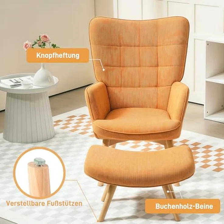 HOMCOM Relaxsessel Ohrensessel mit Hoher Rückenlehne, Holzbeine (Sessel mit Hocker, 2-St, Loungesessel), mit getuftetem Design, Cord-Optik, für Wohnzimmer, Braun – Bild 6