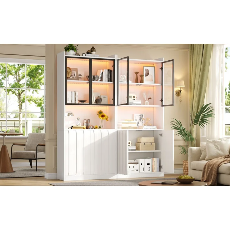 Vitrine 2er-Set, LED Vitrine, Hochschrank mit Glasschranktüren, Hochschrank Glasvitrine mit LED und Offene Partition,Wohnzimmerschrank mit Glastüren, Küche, Eingangsbereich,Weiß ,160x35x200cm--Weiß--160x35x200cm--YOUDENOVA – Bild 7