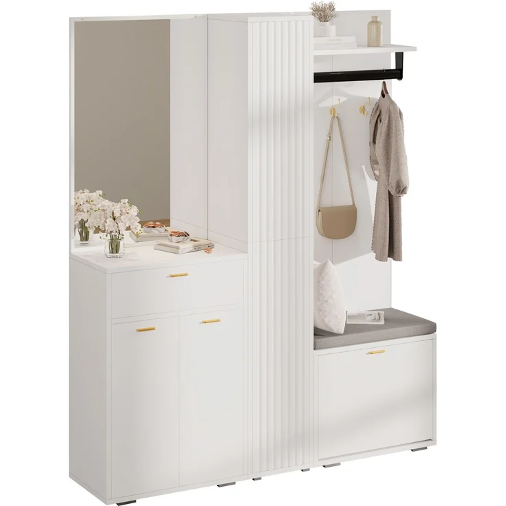 CHICFURN Schrank 150x180x36 cm mit Spiegel, Sitzbank und Schuh-Kippfach – Weiß – Bild 7