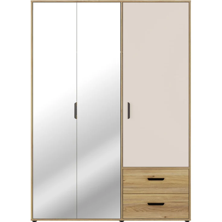 Forte MOKKARO Kleiderschrank 140 150, moderner Drehtürenschrank, 3-türig, 2 Schubladen, Spiegel, Mauvella Eiche Holzdekor|Kaschmir Beige, 144,4 cm breit x 200,1 cm hoch x 52,7 cm tief – Bild 2