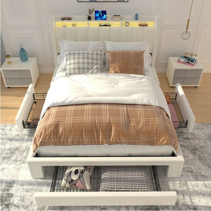 oyajia Polsterbett LED-Beleuchtung Doppelbett 160 cm x 200 cm mit Ladefunktion und 3 Schubladen (Mit Lattenrost und Ladefunktion, Samt materia Polsterbett), Funktionsbett Stauraumbetten Jugendbett Bettgestell Leises Design Bett – Bild 2