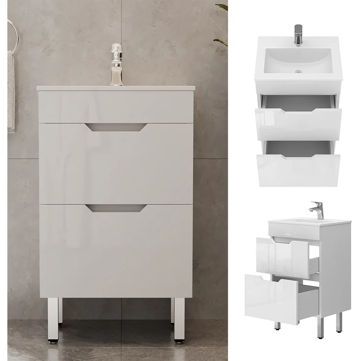 Waschbeckenunterschrank Clayton Weiß 2 Teile, mit Waschbecken und 2 Schubladen Vicco – Bild 2