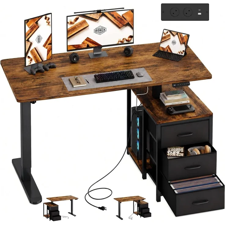 IRONCK Höhenverstellbarer Schreibtisch 120x60 cm mit Steckdose, 3 Schubladen | Elektrisch Computertisch, USB-C Anschluss, Reversibel Stehpult, Stufenlos verstellbar, Memory-Funktion, Stehtisch Büro Braun