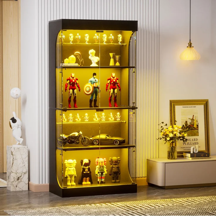 DESVIAE Vitrine mit LED-Beleuchtung und Ladestation 80x165x35 cm Glas Spanplatte Schwarz – Bild 3
