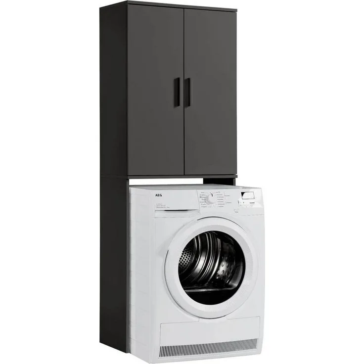 mokebo® Waschmaschinenschrank für Waschmaschinen & Trockner 'Der Saubermann', Überbau oder Überbauschrank in Anthrazit-Schwarz aus Holz, auch als Toilettenregal oder WC-Regal in 65 x 180 x 34 cm (B/H/T)