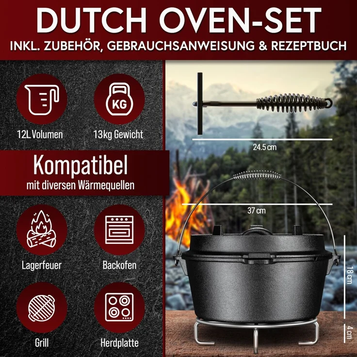 Dutch Oven 12 l ohne Füße aus Gusseisen – vorgebrannt mit Deckelheber & Edelstahl-Untersetzer inkl. Rezeptbuch für Grill Outdoor & Küche – Bild 2